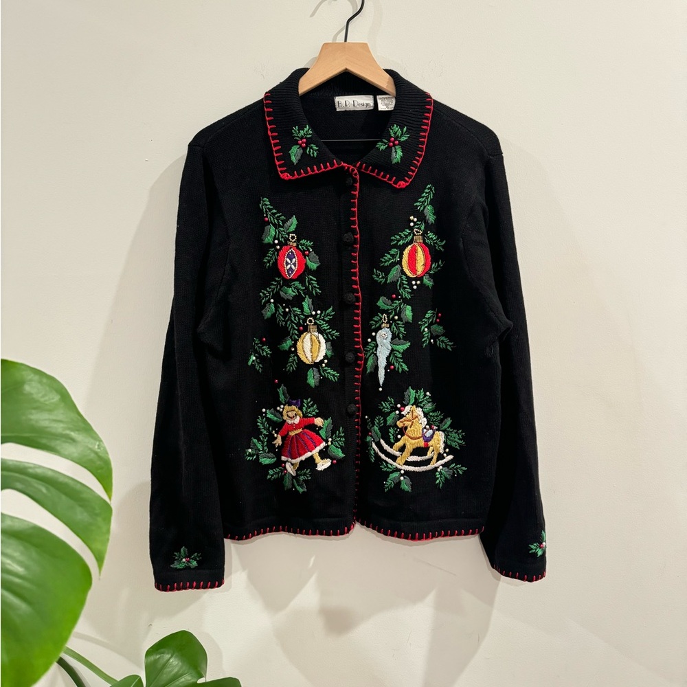 VINTAGE B.P DESIGN BLACK CARDIGAN GRANDMACORE WITH FESTIVE  EMBROIDERY SIZE XL